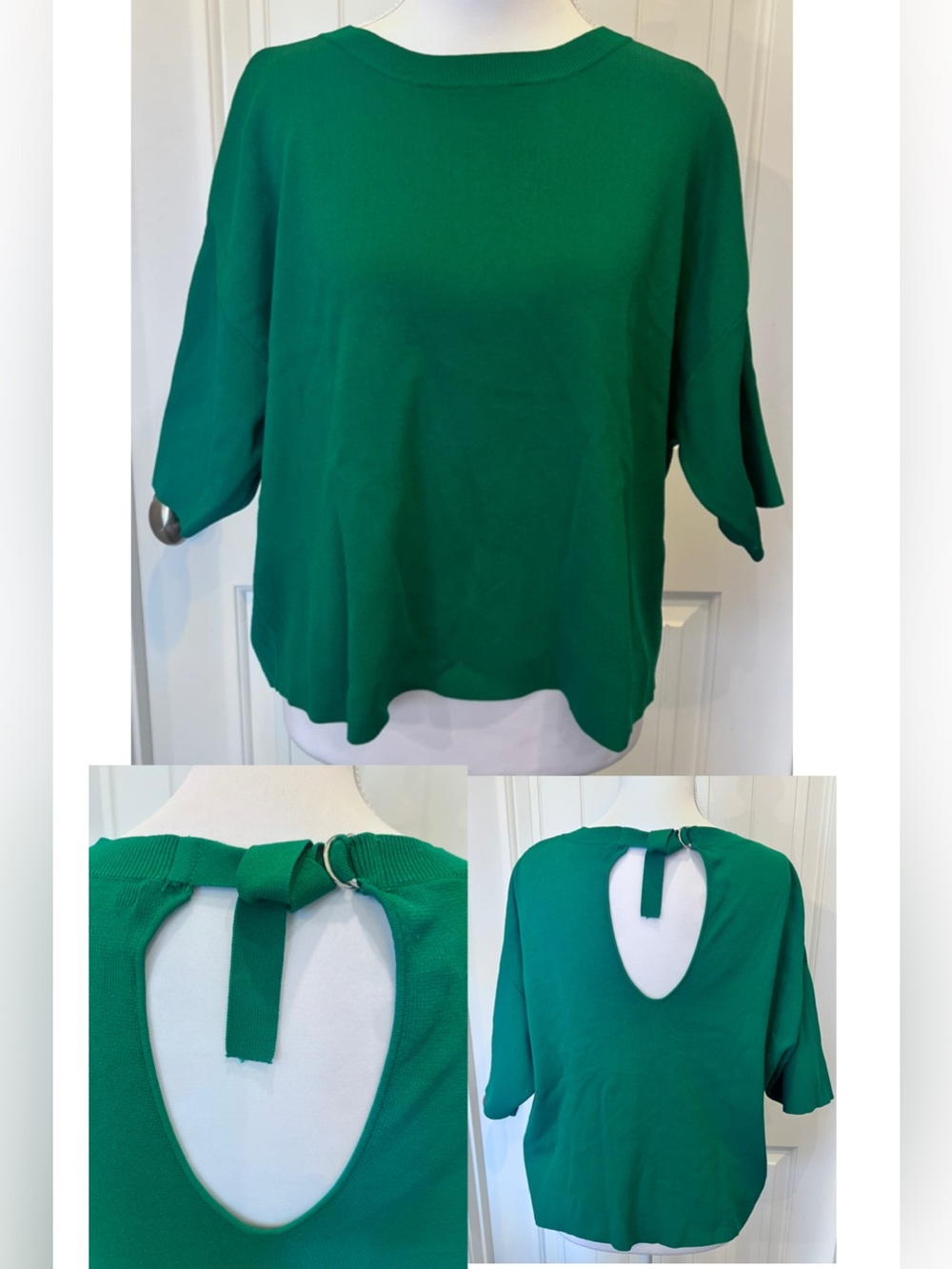 Mango MNG Suit Green Ribbed Knit Top Buckle Detail at Back of Neck Medium